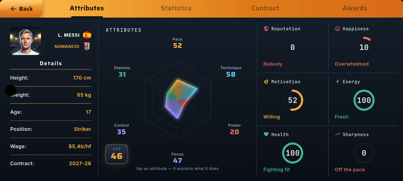 Attributes screen with a six-point radar chart, overall rating and condition meters