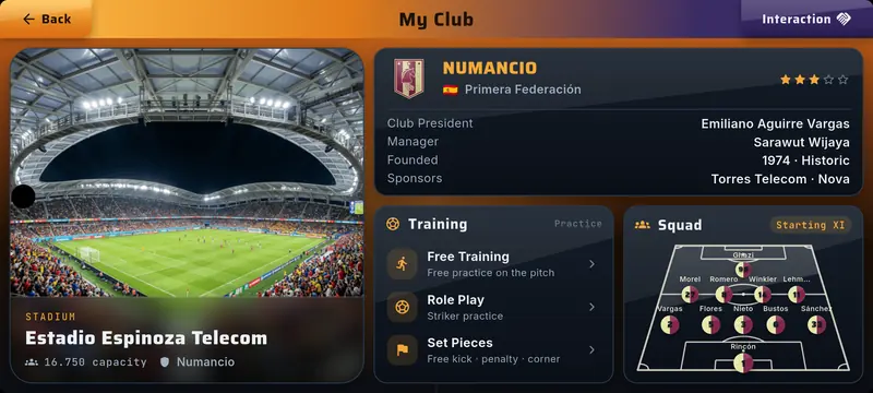 My Club screen with stadium photo, club information, training options and starting eleven
