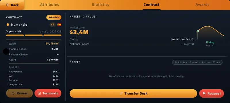 Contract screen with wage, bonuses, market value graph and transfer desk