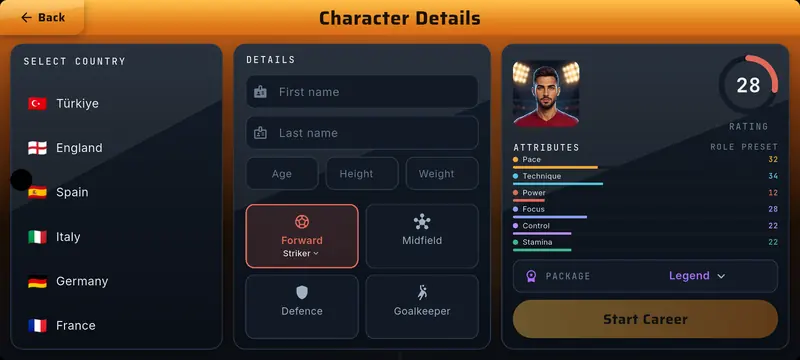 Character creation screen with country list, personal details and attribute ratings