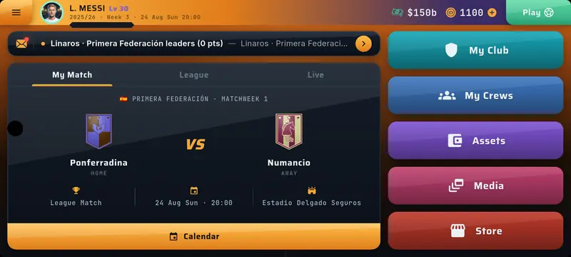Career hub showing the next fixture, league table tab and side menu