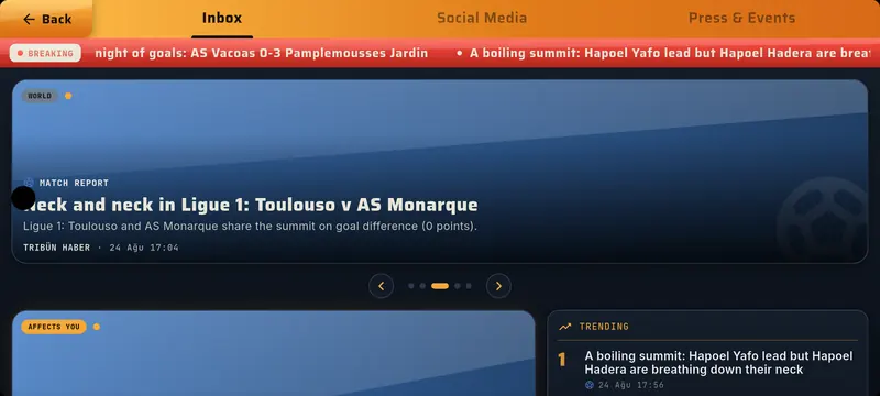 Media inbox with breaking news ticker, match reports and a trending list