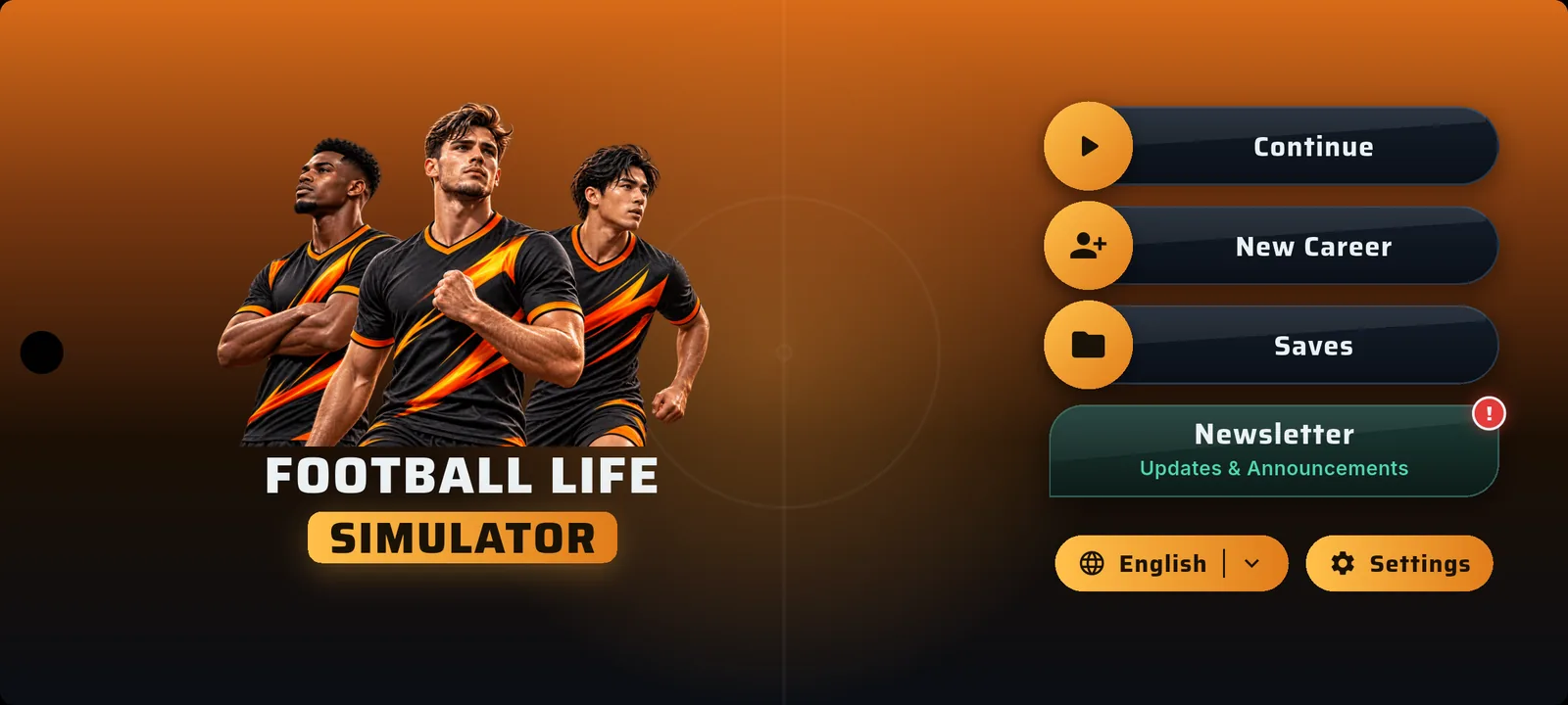 Football Life Sim main menu with Continue, New Career and Saves options