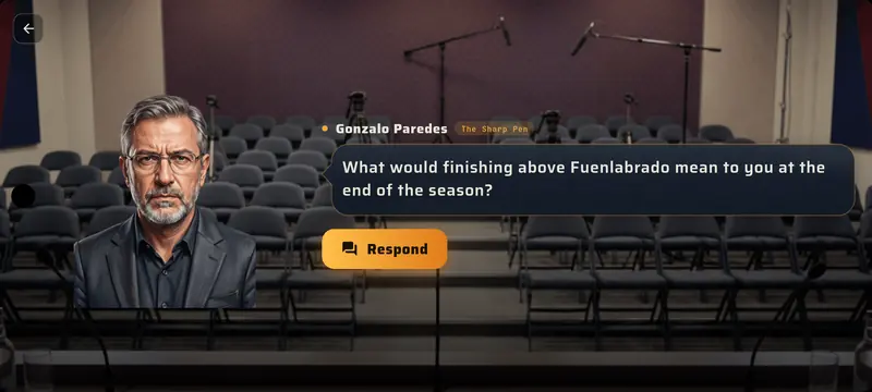 Press conference with a journalist asking a question and a Respond button