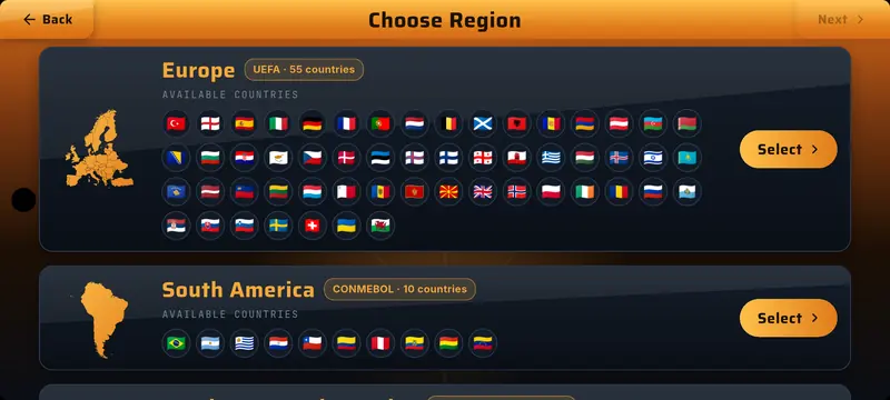 Region selection screen showing Europe and South America with country flags