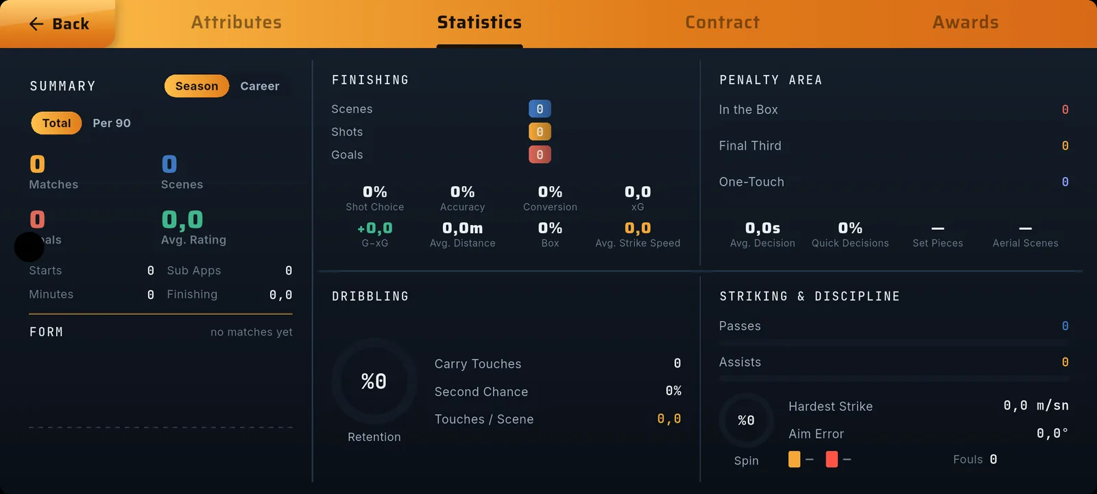 Statistics screen with finishing, penalty area, dribbling and discipline panels